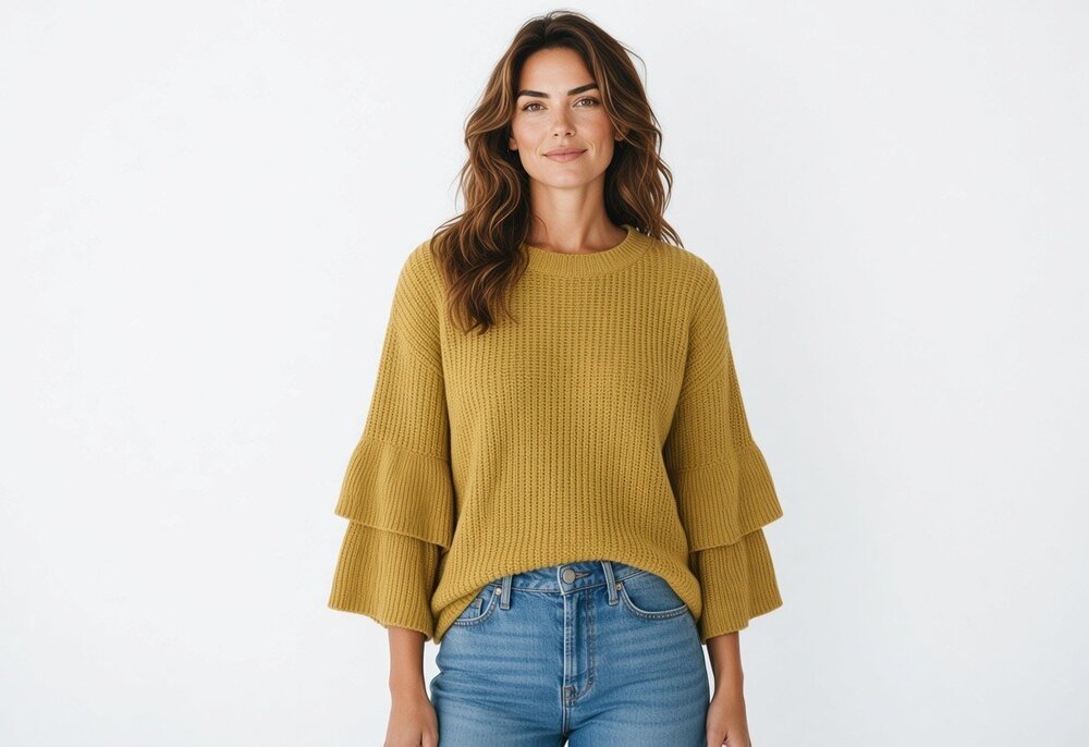 Sky She Mustard Yellow Knit Sweater Tiered Ruffle Bell Sleeve Crew Neck Size L